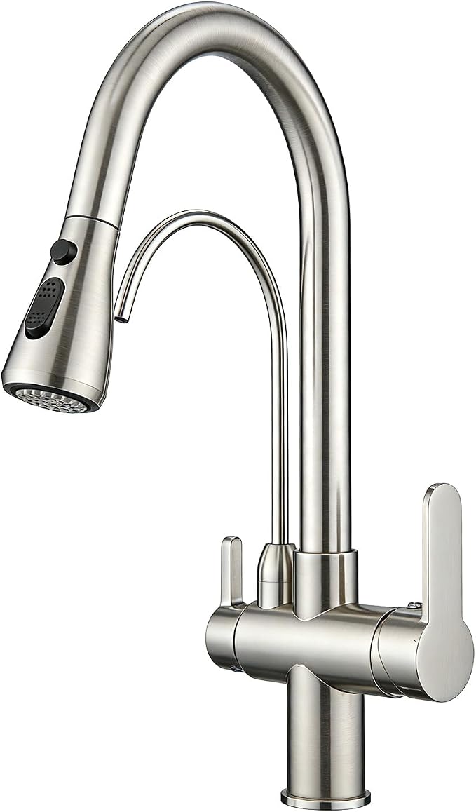 Kitchen Faucet with Water Filter Spout — 2-in-1 Brushed Nickel Pull-Down Sink Faucet, NSF-Certified Filtered Water Tap, Single-Handle with Detachable Deck Plate Fits 1 or 3 Hole by OWOFAN
