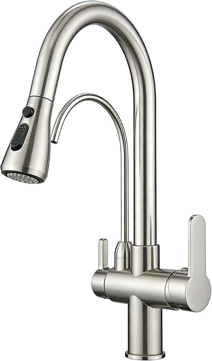 Kitchen Faucet with Water Filter Spout — 2-in-1 Brushed Nickel Pull-Down Sink Faucet, NSF-Certified Filtered Water Tap, Single-Handle with Detachable Deck Plate Fits 1 or 3 Hole by OWOFAN