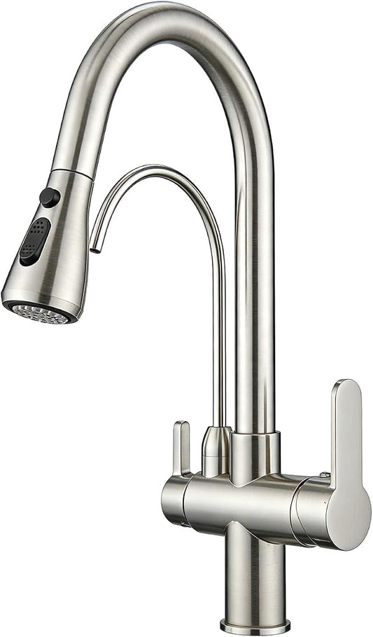 Kitchen Faucet with Water Filter Spout — 2-in-1 Brushed Nickel Pull-Down Sink Faucet, NSF-Certified Filtered Water Tap, Single-Handle with Detachable Deck Plate Fits 1 or 3 Hole by OWOFAN