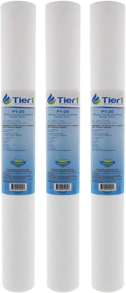 Tier1 1 Micron 20 x 2.5 Whole House Water Filter | Spun Wound Polypropylene Sediment Depth Filtration | Replacement for Pentek P1-20, SP-P1-20, PX01-20 | 2.5 x 20 Water Filter Cartridge (3 Pack)