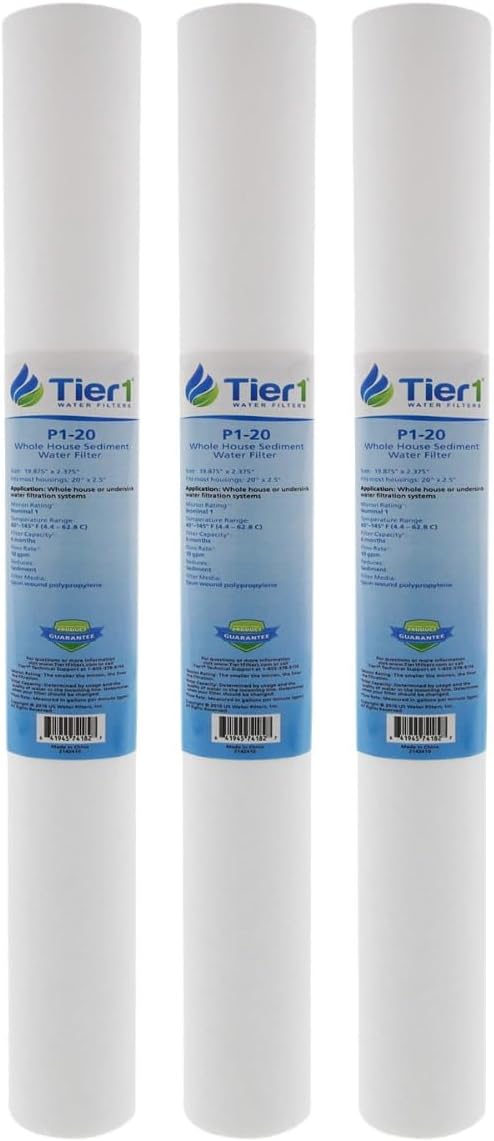 Tier1 1 Micron 20 x 2.5 Whole House Water Filter | Spun Wound Polypropylene Sediment Depth Filtration | Replacement for Pentek P1-20, SP-P1-20, PX01-20 | 2.5 x 20 Water Filter Cartridge (3 Pack)