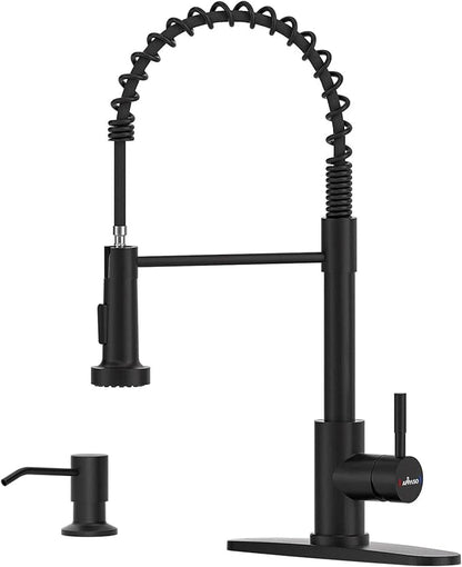 APPASO Black Kitchen Faucet with Soap Dispenser & Pull Down Sprayer | NSF/ANSI/CAN 372 & Lead-free, SUS304 Stainless Steel 3 Modes Faucet for Farmhouse, Bar & RV