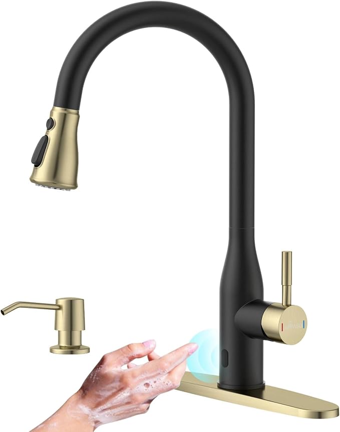 APPASO Black Gold Touchless Kitchen Faucets with Soap Dispenser & Sprayer | cUPC Lead-Free Hoses Motion Sensor Hands Free Sink Faucet Pull Down 3 Modes Single Handle for 1-4 Hole Sink with Deck Plate