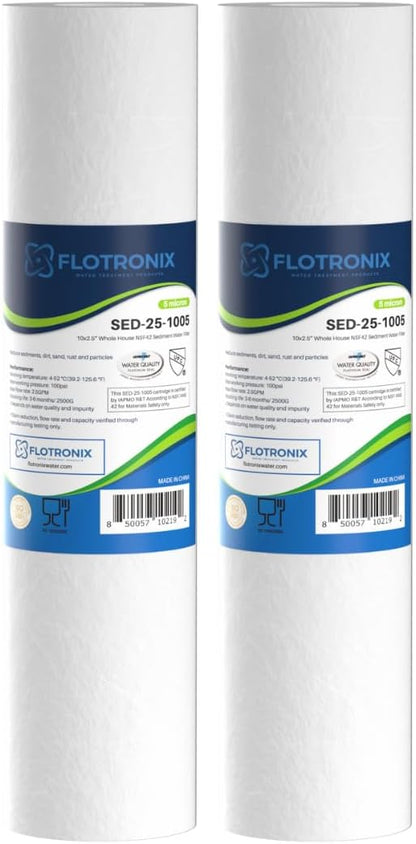 Flotronix 5 Micron 2.5" x 10" Sediment Whole House Water Filter Compatible to GE FXUSC Water System (2 Pack)