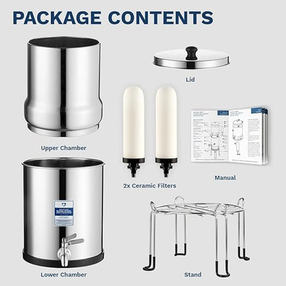 Survivor Filter Ultra Gravity Water Filter System - Stainless Steel Countertop Gravity Fed Water Filter with Stand, 2.25 Gallon, for Home and Outdoors - Removes Bacteria, Viruses, and Parasites