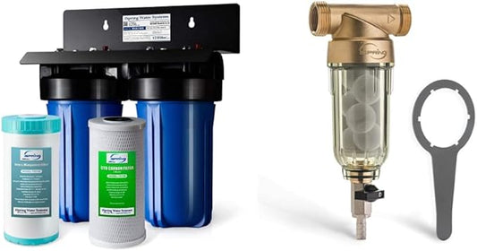 iSpring WGB21BM 2-Stage Whole House Water Filtration System, 10” x 4.5” Carbon Block and Iron & Manganese Reducing Filters, 1" Ports and iSpring WSP-50SL Reusable Whole House Spin Down Sediment Water Filter Softener, Includes Siliphos Helps Prevent Sca...