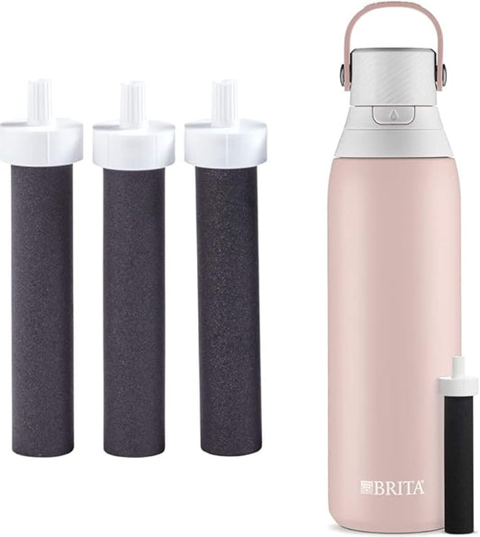 Brita Water Filter Replacements for Water Bottles (3 Count) and Brita Insulated Filtered Water Bottle with Straw (20 Ounce, Rose)