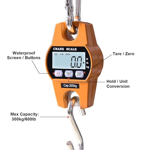 Fuzion Hanging Scale 660LB - Heavy Duty Crane Scale with Aluminum Body | Stainless Steel Hook, Hold/Tare Function, Large Display, Digital Hanging Scales for Weighing Animals, Hays, Fish, Luggage