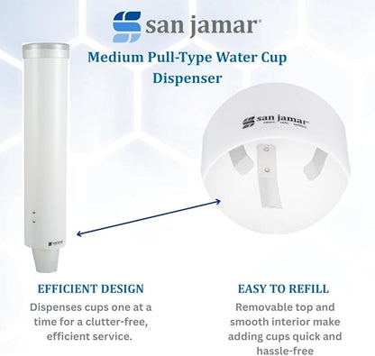 San Jamar Medium Pull-Type Cup Dispenser 4-10 Oz. Cups with Flip Cap for Restaurants, Dining Halls, and Fast Food Plastic, 16 Inches, White