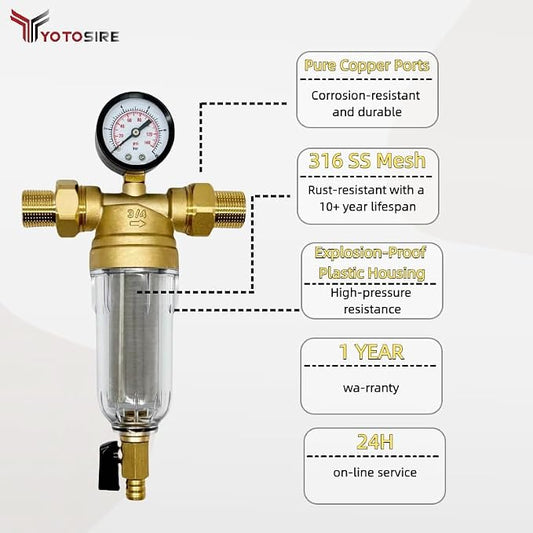 Spin Down Sediment Water Filter System with Pressure Gauge, 50&100 Micron Stainless Steel filter Mesh Pre-Filter for City/Well Water, 1" MNPT & 3/4" FNPT/MNPT Ports, Easy Backwash Cleaning