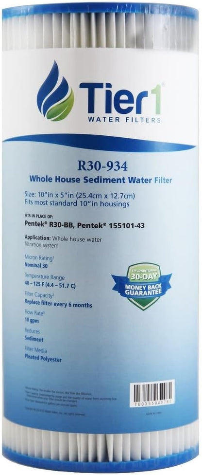 Tier1 30 Micron 10 x 4.5 Water Filter | Pleated Polyester Whole House Sediment Cartridge | Replacement for Pentek R30-BB Water Filter, 155101-43, RS6, SPC-45-1030 | 4.5 x 10 High Flow Pre-Filter