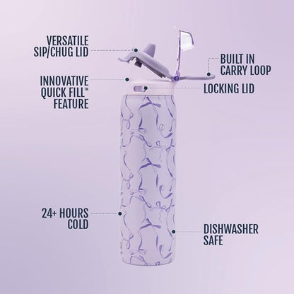 Ello Pop & Fill 22oz Stainless Steel Water Bottle with QuickFill Technology, Double Walled and Vacuum Insulated Metal, Leak Proof Locking Lid, Straw and Chug, Reusable, BPA Free, Take a Bow