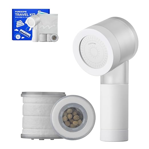BODYLUV Puresome Travel Mini Shower Head Set with Pure Filter | Compact Portable Shower Kit with High-Pressure Spray, Chlorine & Calcium Reduction | Includes 2 Replacement Filters and Waterproof Pouch