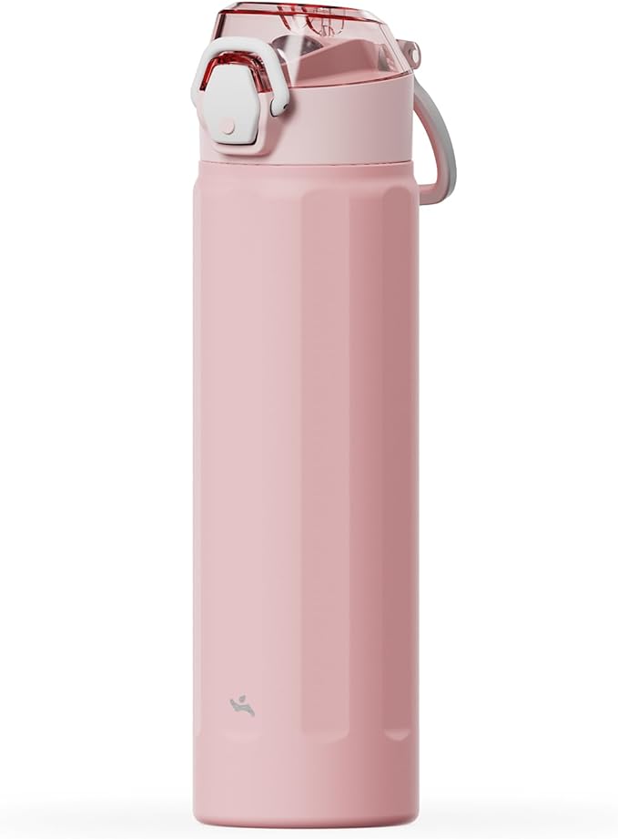 Konokyo FLOWPLAY 22oz Locking Push-Button Water Bottle with Silicone Spout,Leak-Proof,18/8 Stainless Steel Double-Wall Vacuum Insulated for Sports and Travel,BPA-Free,Pink