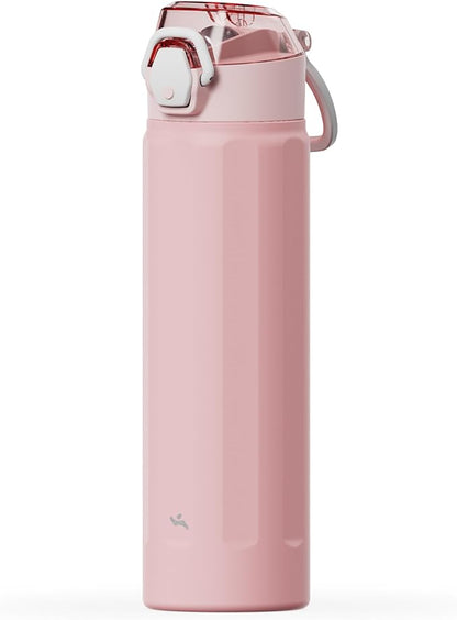 Konokyo FLOWPLAY 22oz Locking Push-Button Water Bottle with Silicone Spout,Leak-Proof,18/8 Stainless Steel Double-Wall Vacuum Insulated for Sports and Travel,BPA-Free,Pink