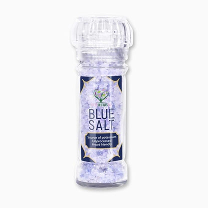 EUPHERBIA Blue Salt, Coarse, Rare Mineral Salt, High Potassium, Lower Sodium, Natural, Unprocessed, Hand Harvested, Kosher Certified (100g with Grinder)