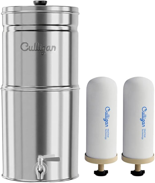 Culligan MaxClear 2.25 Gallon Gravity Water Filter System, Polished Stainless-Steel Countertop Water Filter NSF/ANSI Certified to Reduce Microplastics, Lead & Total PFAS, with 2 Ceramic Filter