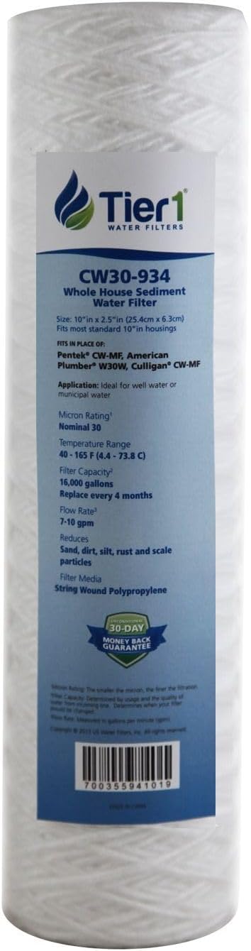 Tier1 30 Micron 10 x 2.5 Water Filter | String Wound Polypropylene Whole House Sediment Water Filter Cartridge | Replacement for Pentek CW-MF, 155187-43, W30W, RS3DS | 2.5 x 10 Water Filter