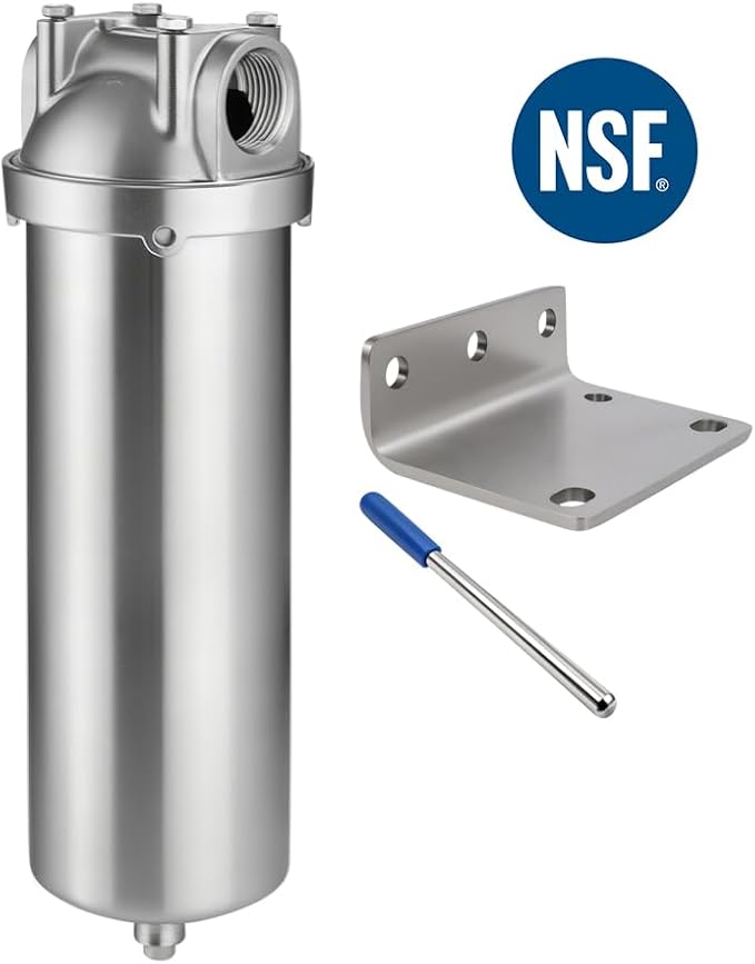 Amwater NSF/ANSI 42 Stainless Steel Whole House Water Filter Housing, 10" x 2.5" Sediment Water Filter System for Heavy Duty, Well & City Water, 1/2" NPT Port, Drain Valve Style C(Square Head)