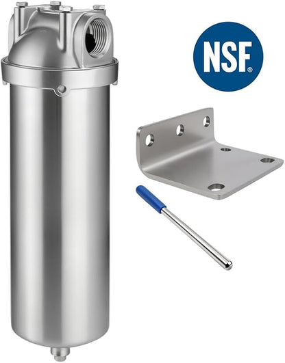 Amwater NSF/ANSI 42 Stainless Steel Whole House Water Filter Housing, 10" x 2.5" Sediment Water Filter System for Heavy Duty, Well & City Water, 3/4" NPT Port, Drain Valve Style C(Square Head)