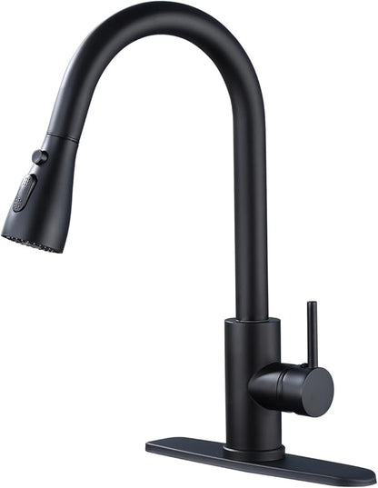 Kitchen Faucet with Pull Down Sprayer，Black Kitchen Sink Faucet，High Arc Single Handle Classic Stainless Steel Sink Faucet，1 or 3 Hole,Suitable for Farmhouse Camper Laundry Rv Bar