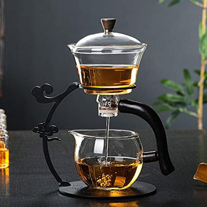 RORA Lazy Kungfu Glass Tea Set Semi Automatic Drip Rotating with Infuser Glass Teapot Set (6 cups)