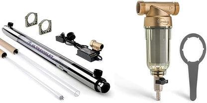 iSpring UVF55FS Whole House UV Water Filter with Smart Flow Sensor Switch, 55W, 12 GPM & WSP-50 Reusable Whole House Spin Down Sediment Water Filter, 1" MNPT + 3/4" FNPT, Lead-Free Brass