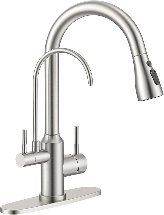 APPASO Kitchen Faucet with Water Filter, CUPC Certified Water Hose, Pull Out 3 Way Sink Faucets with Sprayer, High Arch 2 Handle Faucet - 2 in 1 Faucets Brushed Nickel, Without Filtration Device
