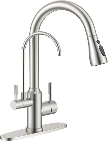 APPASO Kitchen Faucet with Water Filter, CUPC Certified Water Hose, Pull Out 3 Way Sink Faucets with Sprayer, High Arch 2 Handle Faucet - 2 in 1 Faucets Brushed Nickel, Without Filtration Device