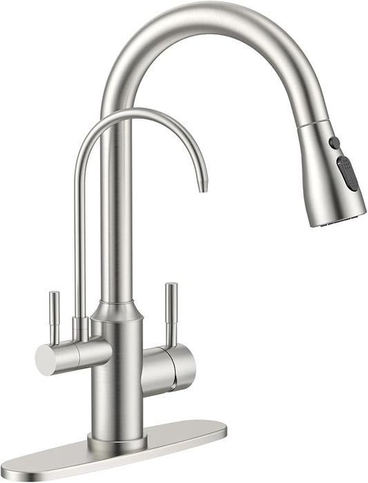 APPASO Kitchen Faucet with Water Filter, CUPC Certified Water Hose, Pull Out 3 Way Sink Faucets with Sprayer, High Arch 2 Handle Faucet - 2 in 1 Faucets Brushed Nickel, Without Filtration Device