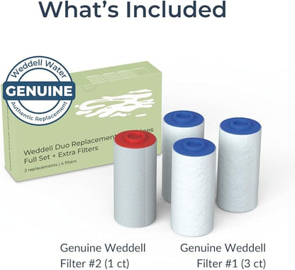 Weddell Duo Shower Filter Replacement Cartridges Full Set + Extra Filters - NSF Certified Shower Filter, Removes Chlorine, PFAS, & Particulates, Clinically Tested For Healthier Skin & Hair (3+1)