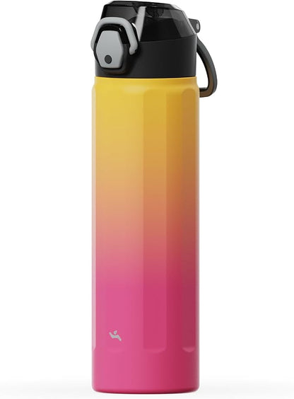 Konokyo FLOWPLAY 22oz Locking Push-Button Water Bottle with Silicone Spout,Leak-Proof,18/8 Stainless Steel Double-Wall Vacuum Insulated for Sports and Travel,BPA-Free,Rainbow