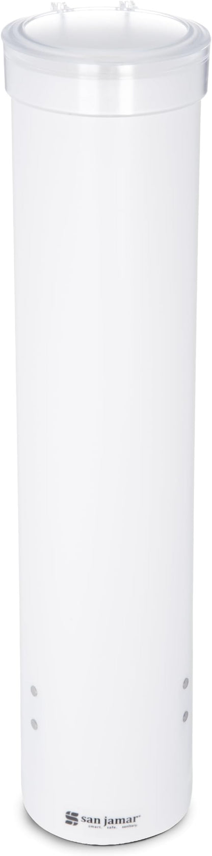 San Jamar Medium Pull-Type Cup Dispenser 4-10 Oz. Cups with Flip Cap for Restaurants, Dining Halls, and Fast Food Plastic, 16 Inches, White