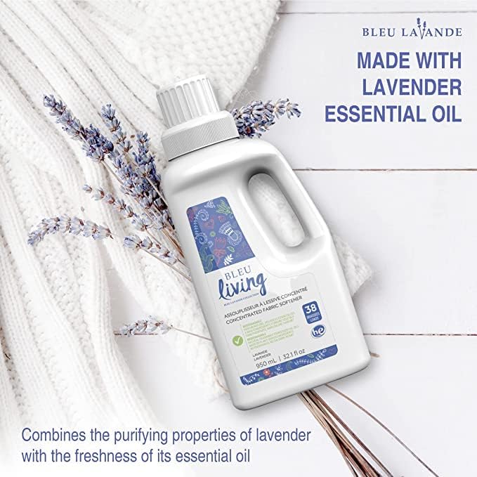 Bleu Lavande - 3-Pack Natural Fabric Softener – Concentrated Lavender Liquid Softener - Biodegradable, Eco-friendly, Hypoallergenic - Chloride & Phosphate-free - Aromatherapy - (38 loads-950 ml) x3 | Natural, Concentrated, Hypoallergenic & Biodegradabl...