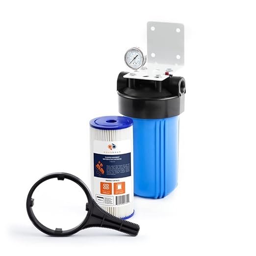 Aquaboon Whole House Water Filter Housing - 5 Micron Pleated Sediment Filter Housing Cartridge - Well Water Filter System for House w/Wrench, Bracket & Pressure Gauge & Release