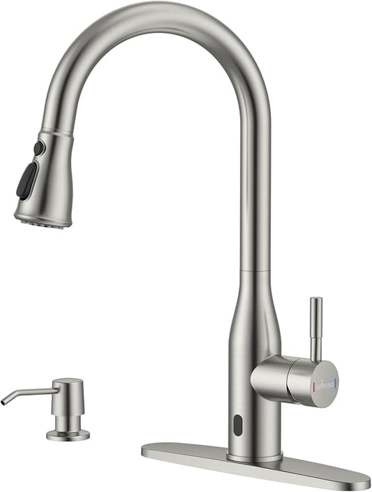 APPASO Touchless Kitchen Faucet with Soap Dispenser and Pull Down Sprayer | Brushed Nickel S304 Stainless Steel cUPC Lead-Free Hoses Hands-Free Motion Sensor Faucets 3 Modes for Farmhouse RV Sink