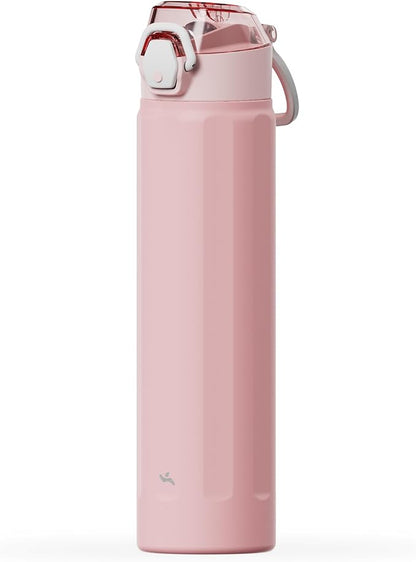 Konokyo FLOWPLAY 25oz Locking Push-Button Water Bottle with Silicone Spout,Leak-Proof,18/8 Stainless Steel Double-Wall Vacuum Insulated for Sports and Travel,BPA-Free,Pink