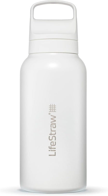 LifeStraw Go Series — Insulated Stainless Steel Water Filter Bottle for Travel and Everyday Use Removes Bacteria, Parasites and Microplastics, Improves Taste, 1L Polar White