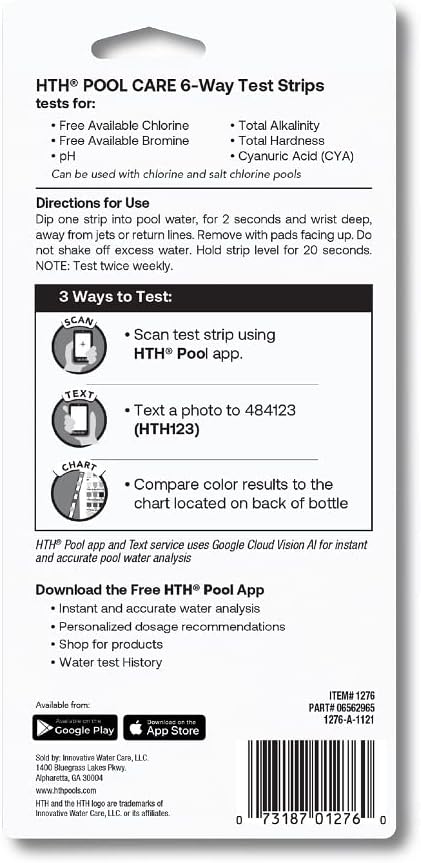 HTH 1276 Swimming Pool Care 6 Way Test Strips, Swimming Pool Water Chemical Tester, 30 Strips