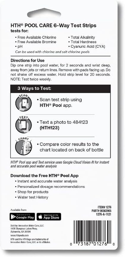 HTH 1276 Swimming Pool Care 6 Way Test Strips, Swimming Pool Water Chemical Tester, 30 Strips