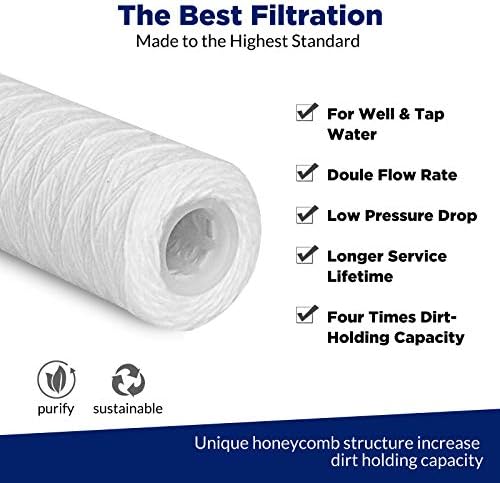 Membrane Solutions 20 Micron String Wound & 5 Micron CTO Carbon Block Water Filter 10"x2.5", Whole House Water Filters Universal Replacement Filter Cartridge