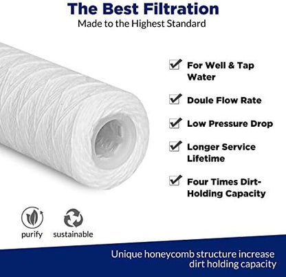 Membrane Solutions 20 Micron String Wound & 5 Micron CTO Carbon Block Water Filter 10"x2.5", Whole House Water Filters Universal Replacement Filter Cartridge