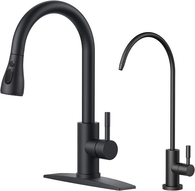 FORIOUS Kitchen Faucet and Water Filter Faucet Combo, Black Stainless Steel Bar Faucet Pull Down Sprayer and Drinking Purifier Faucet for Kitchen Sink RV Farmhouse Camper
