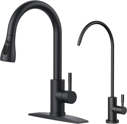 FORIOUS Kitchen Faucet and Water Filter Faucet Combo, Black Stainless Steel Bar Faucet Pull Down Sprayer and Drinking Purifier Faucet for Kitchen Sink RV Farmhouse Camper