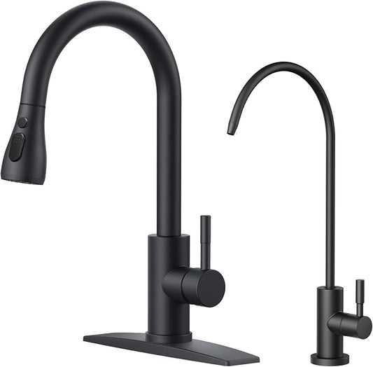 FORIOUS Kitchen Faucet and Water Filter Faucet Combo, Black Stainless Steel Bar Faucet Pull Down Sprayer and Drinking Purifier Faucet for Kitchen Sink RV Farmhouse Camper