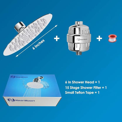 NearMoon Shower Head and 15 Stage Shower Filter Combo, High Pressure Filtered Shower for Hard Water, Improves the Condition of Your Skin, Hair (6 Inch, Chrome)