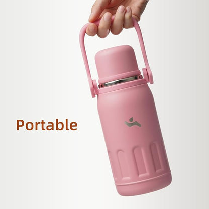 Konokyo Insulated Water Bottle with Handle and Strap,Vacuum Travel Tumbler with Cup Lid,Thermo Coffee Cup for Hot Cold Drinks 27 OZ,Pink