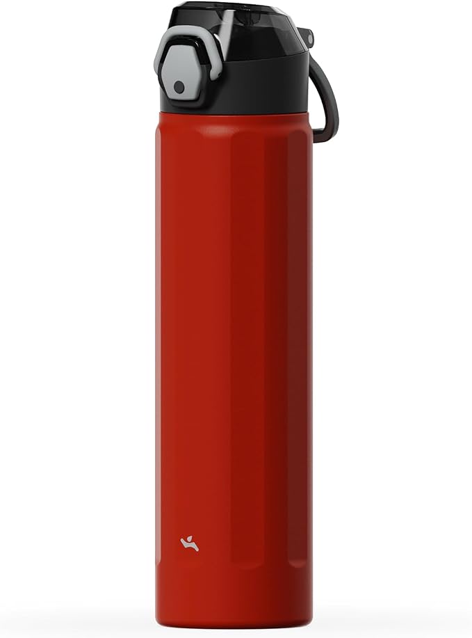 Konokyo FLOWPLAY 25oz Locking Push-Button Water Bottle with Silicone Spout,Leak-Proof,18/8 Stainless Steel Double-Wall Vacuum Insulated for Sports and Travel,BPA-Free,Red