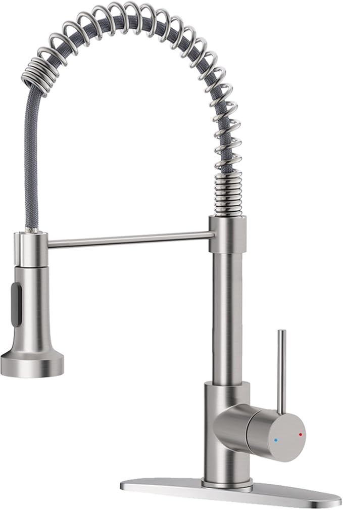Pull Down Kitchen Faucet with Spring Sprayer, Brushed Nickel — SUS304 Lead-Free Stainless Steel, Single Handle, Fits 1 or 3-Hole Sink with Deck Plate for Farmhouse, RV, Bar, Laundry Room
