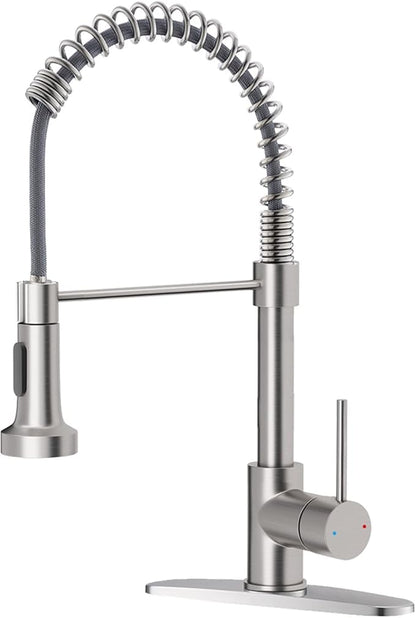 Pull Down Kitchen Faucet with Spring Sprayer, Brushed Nickel — SUS304 Lead-Free Stainless Steel, Single Handle, Fits 1 or 3-Hole Sink with Deck Plate for Farmhouse, RV, Bar, Laundry Room